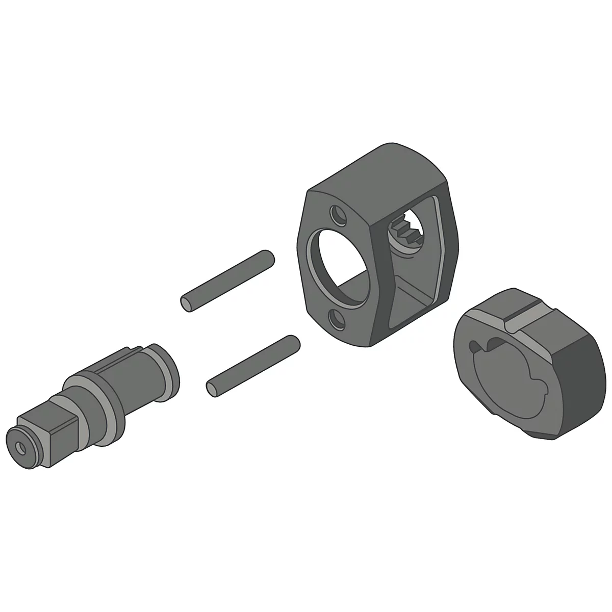 Explosionszeichnung eines grauen mechanischen Bauteils, bestehend aus mehreren Einzelteilen, die im Raum angeordnet sind.